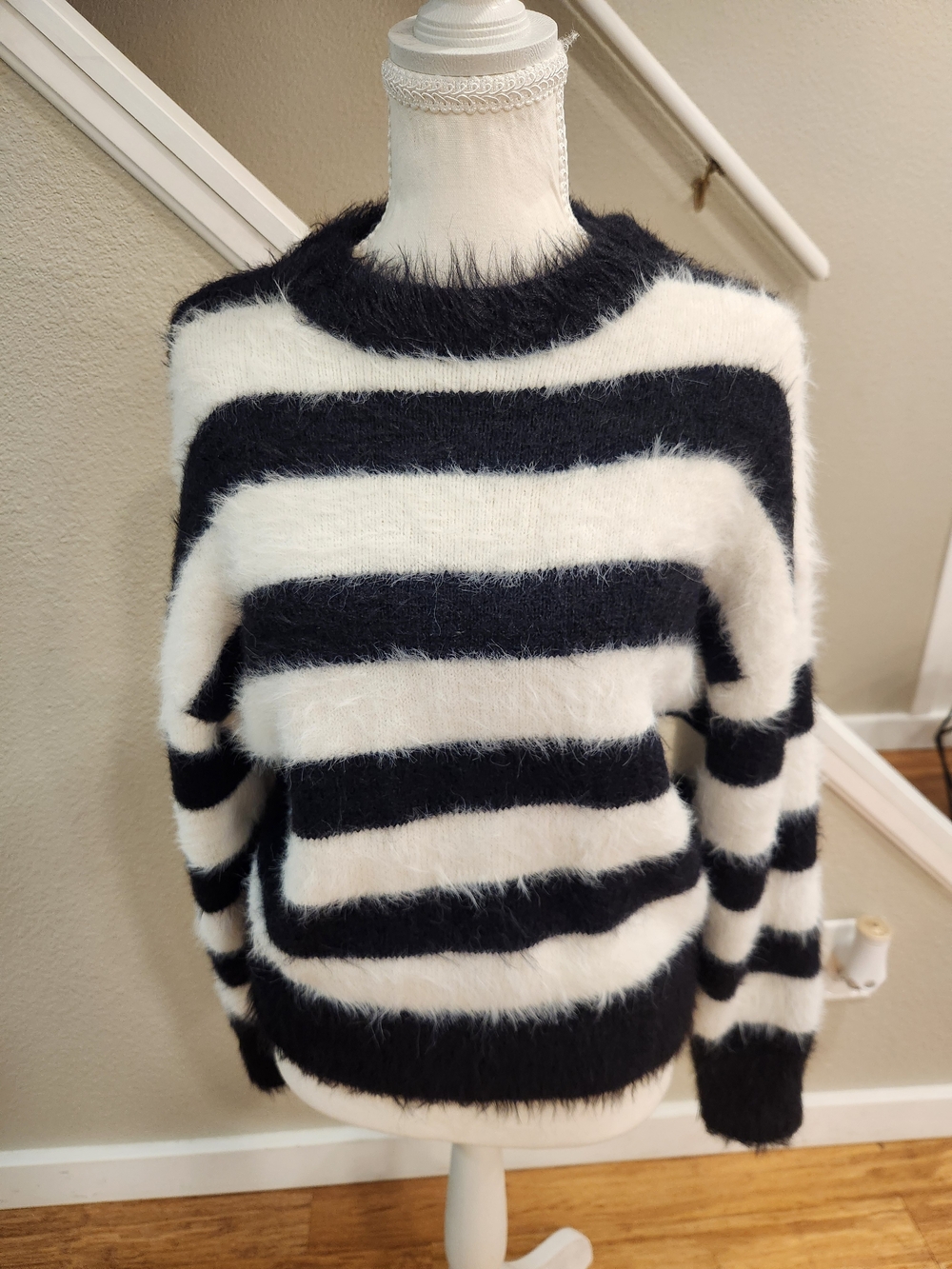 a new day Black & White Fuzzy Striped Turtleneck Sweater